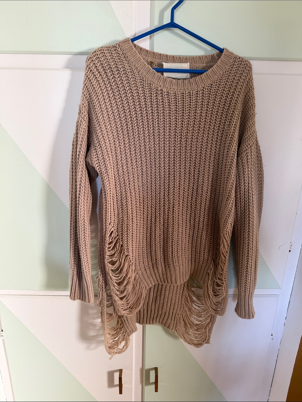 Fringe Hem Crewneck Sweater in Beige - Relaxed Knit Pullover